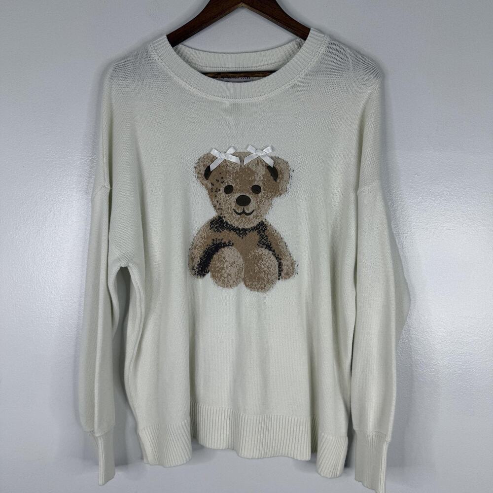 Teddy Bear Graphic Knit Pullover Sweater Knit XL Sincerely Jules White Bow